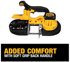 Introducing the DEWALT 20V MAX Portable Band Saw, Tool Only (DCS371B) – your ultimate cutting companion with a brand new feature for added comfort the soft grip back handle.